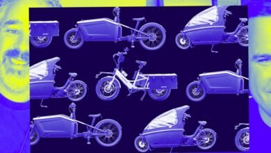 Collage of cargo electric bikes and two smiling men, one on the left and one on the right.