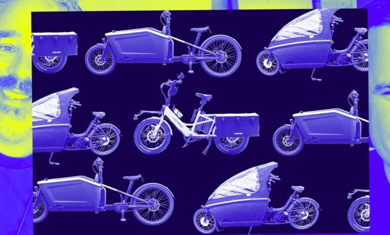 Collage of cargo electric bikes and two smiling men, one on the left and one on the right.
