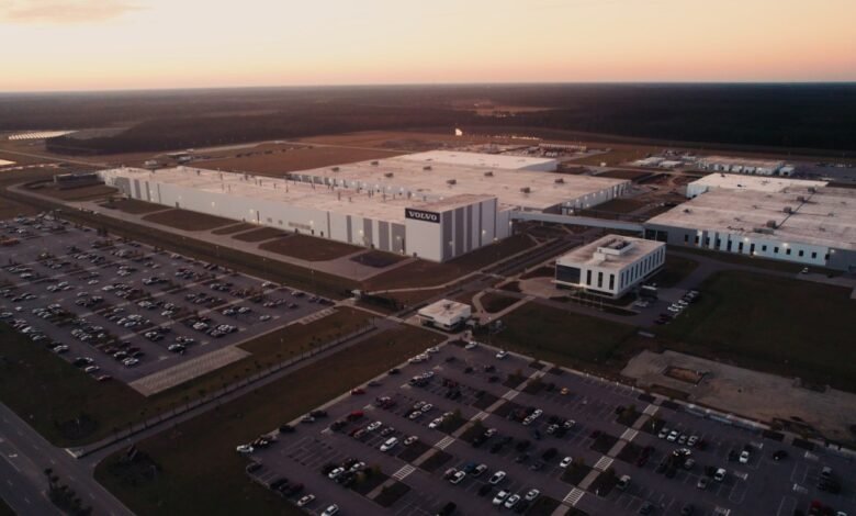 Aerial view of the Volvo car manufacturing plant in Charleston, South Carolina at sunset.