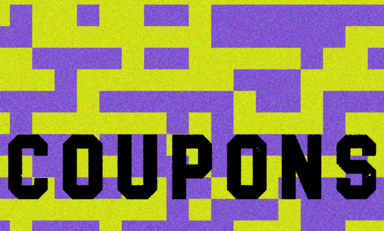 Abstract graphic with the word COUPONS in bold black letters on a background of purple and yellow squares.