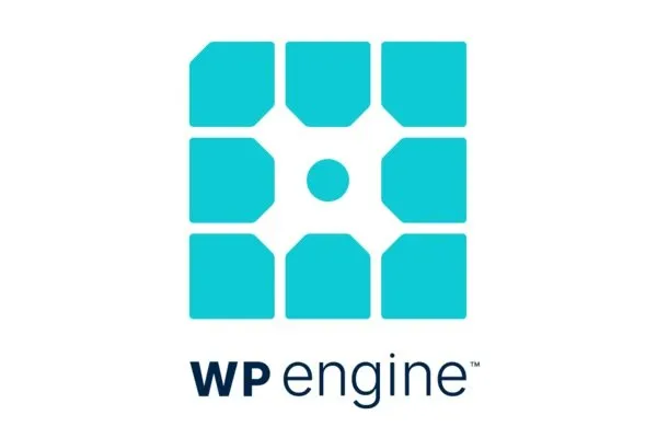 WP Engine logo: teal grid design with central dot, 'WP engine' in dark blue below.