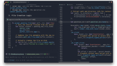 Screenshot of Rust code editor showing file creation and event handling logic.