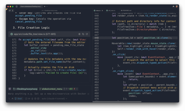 Screenshot of Rust code editor showing file creation and event handling logic.