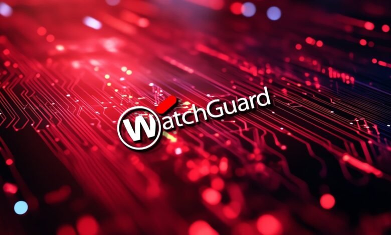 WatchGuard logo on a red circuit board background, symbolizing cybersecurity.