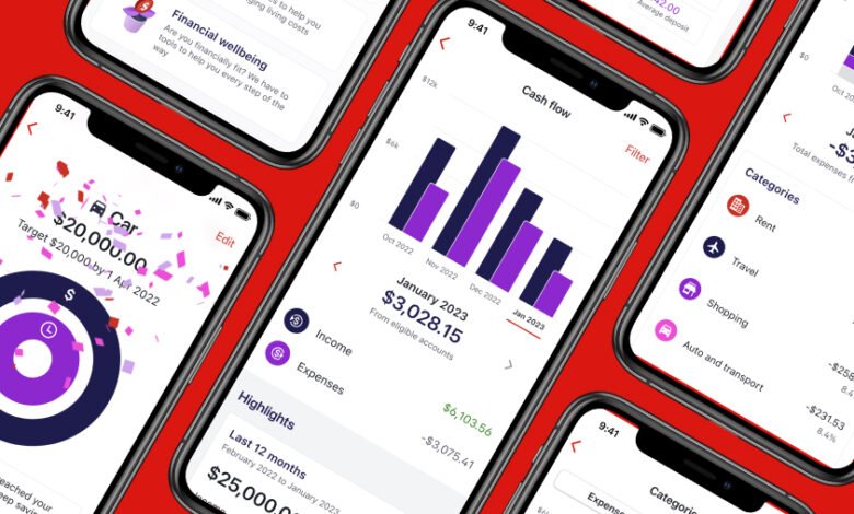 Multiple smartphone screens displaying a financial management app interface.