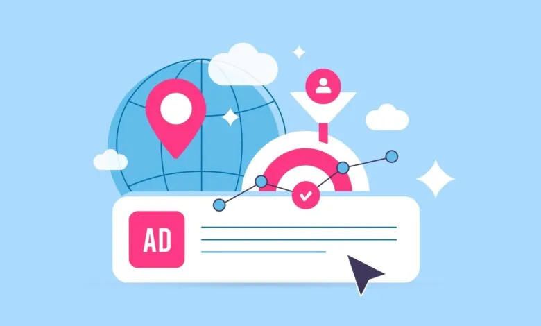 Illustration of global online advertising success, showing a target, graph, and ad banner.