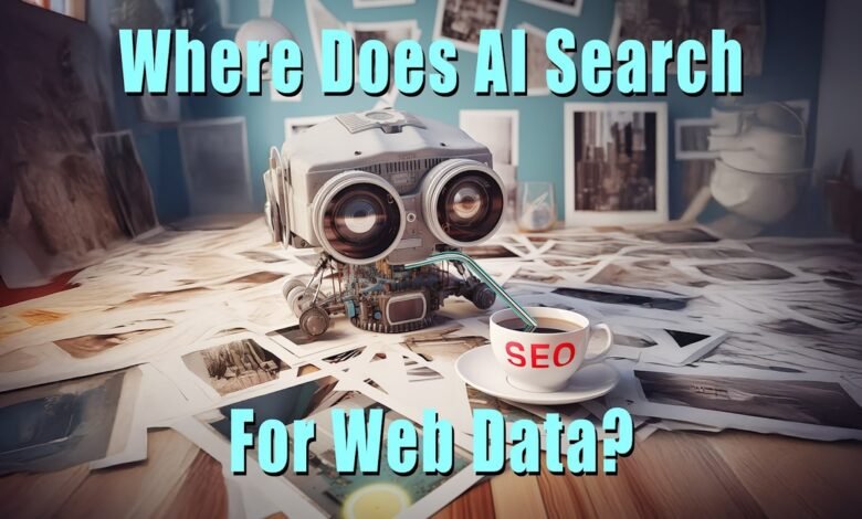 Retro robot with camera eyes sips coffee next to 'SEO' cup, surrounded by scattered web data photos.