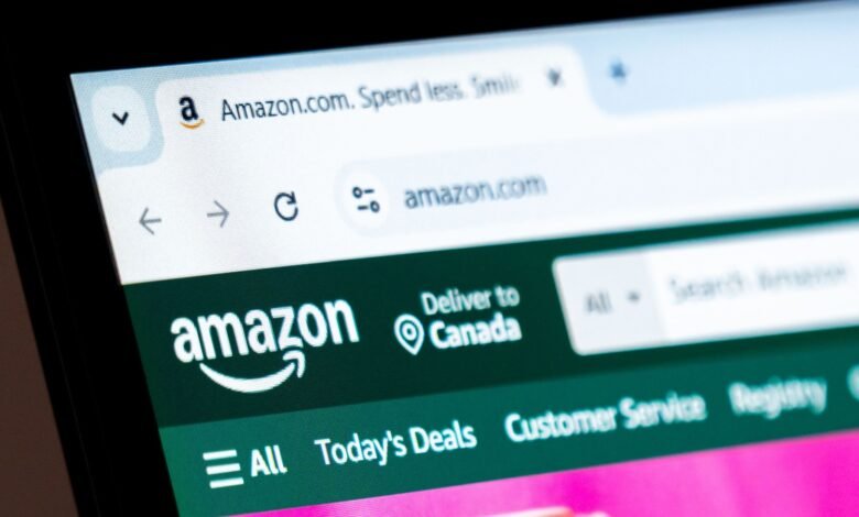 Amazon.com homepage displayed on a laptop screen, showing the logo, search bar, and options like 'Today's Deals' and 'Customer Service'.