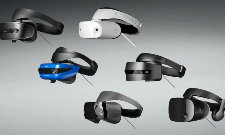Assortment of Windows Mixed Reality VR headsets from Lenovo, Dell, Acer, HP, and Asus.