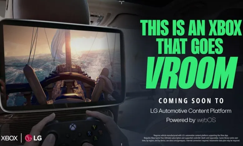 Xbox Cloud Gaming on LG automotive platform: Hands hold controller playing a sailing game on in-car screen.