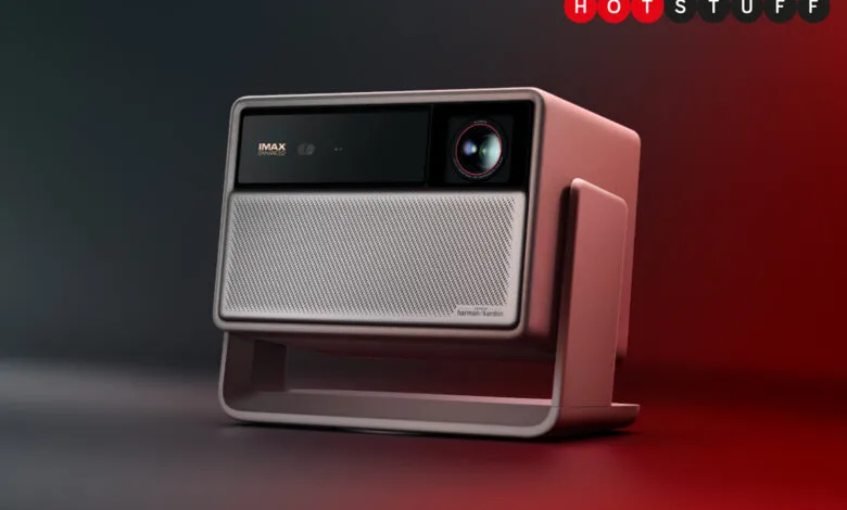 Xgimi Horizon 20 Max projector, rose gold, IMAX Enhanced logo, Harman Kardon speakers.