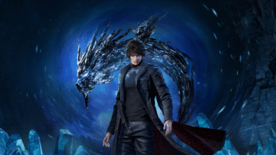 A young man in a black leather coat stands before a shimmering, icy dragon.