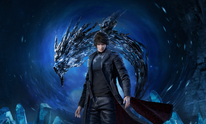A young man in a black leather coat stands before a shimmering, icy dragon.