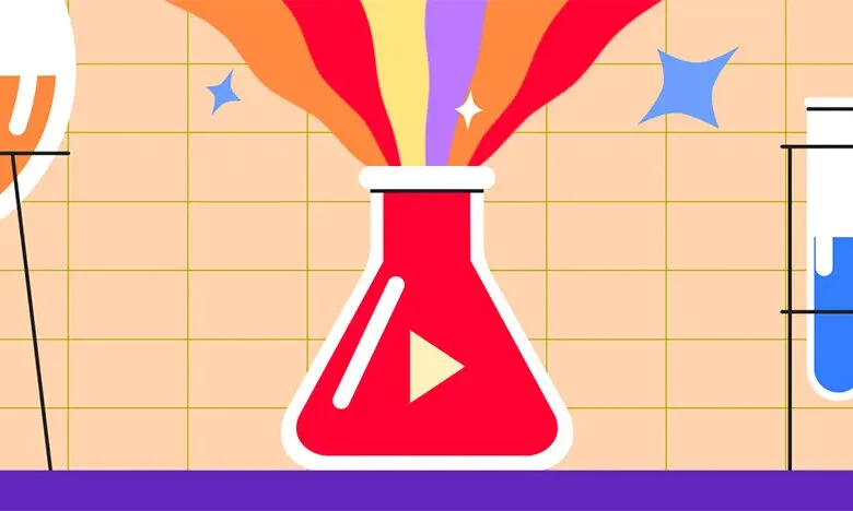 A red flask with a YouTube play button symbol, emitting colorful streams of light.