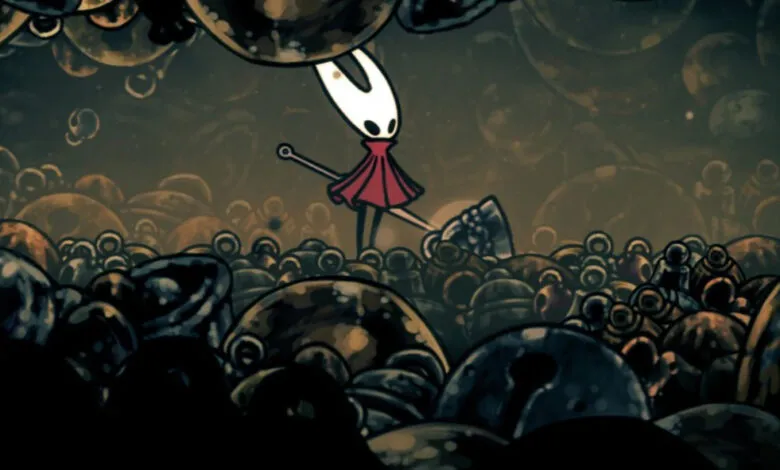 The Knight from Hollow Knight stands amidst a sea of strange, organic forms in a dark, atmospheric scene.