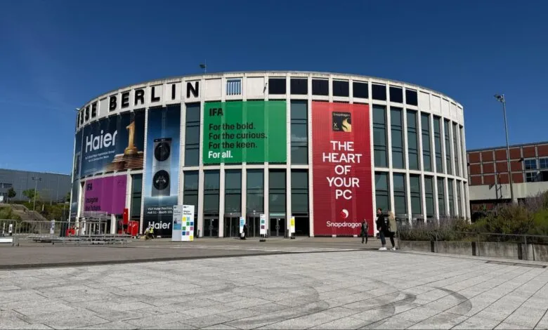 IFA Berlin trade show exterior with large Haier, Snapdragon, and IFA banners.