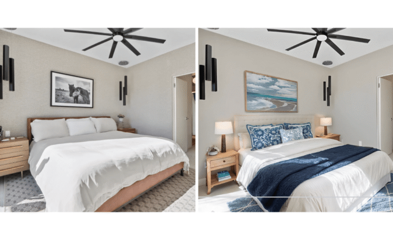 Before & after bedroom staging: A neutral bedroom transformed with coastal-themed decor, showcasing the power of virtual staging.