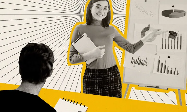 A woman presents data charts during a business presentation. A stylized collage in grayscale and yellow.