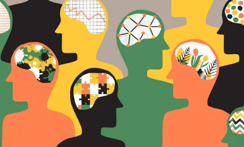 Abstract illustration of diverse minds, showcasing different patterns and symbols representing unique thoughts and perspectives.
