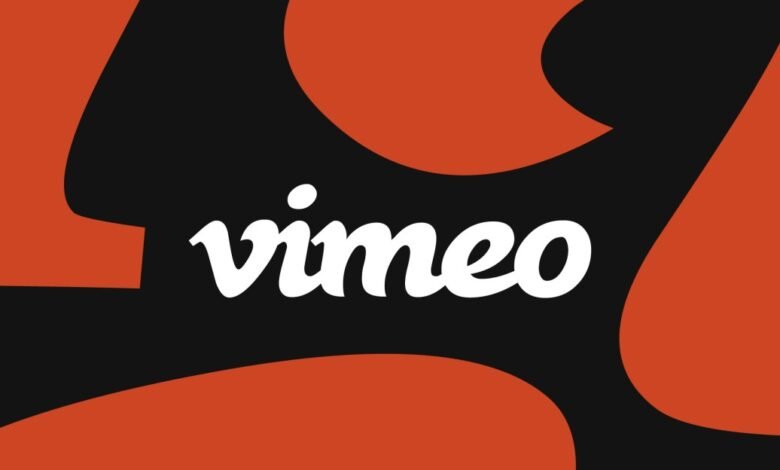 Vimeo logo: white lettering on a black and burnt orange abstract background.