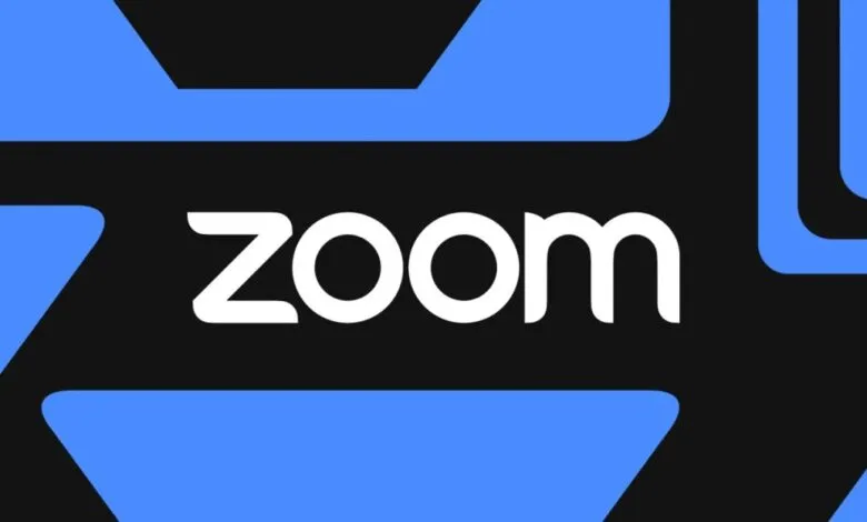 Zoom logo on a black and blue background. The Zoom wordmark is in white.
