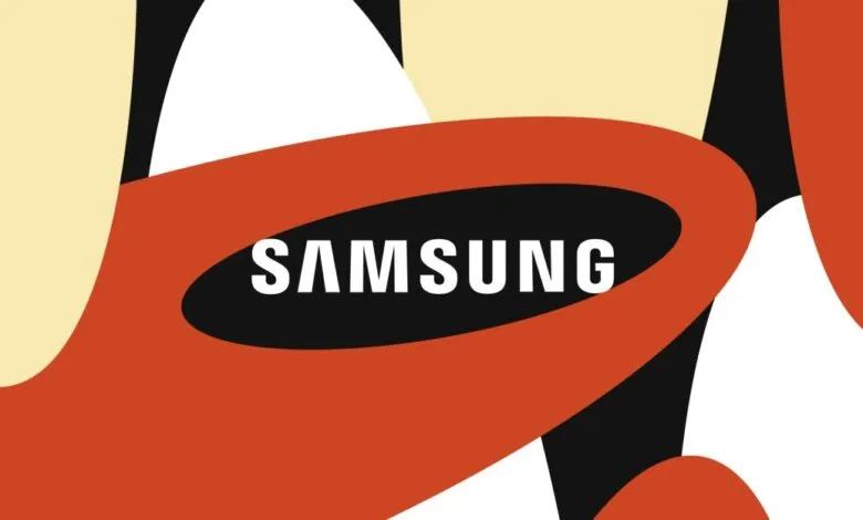 Samsung logo displayed on an abstract background of orange, black, and white shapes.