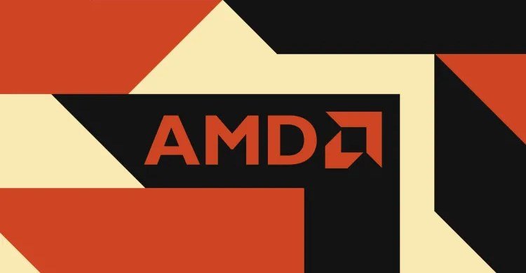 AMD logo on a geometric background of red, black, and beige.