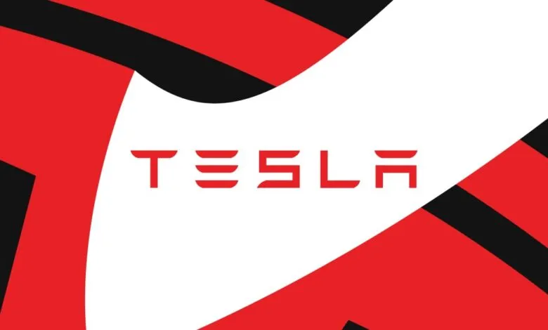 Tesla logo on a red and black abstract background.