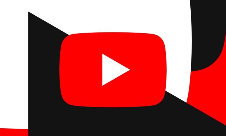 YouTube logo with a white play button on a background of red, black, and white abstract shapes.