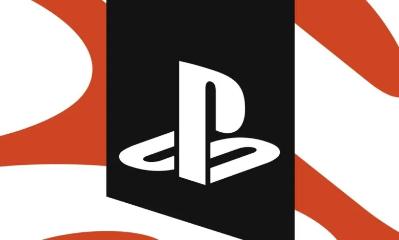 PlayStation logo on a black rectangle against an orange and white background.