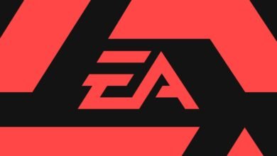 The EA logo in bright red against a black background with abstract red geometric shapes.
