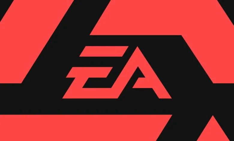 The EA logo in bright red against a black background with abstract red geometric shapes.