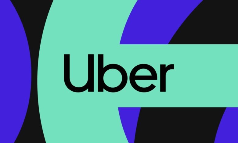 Uber logo on a teal background with purple and black accents.