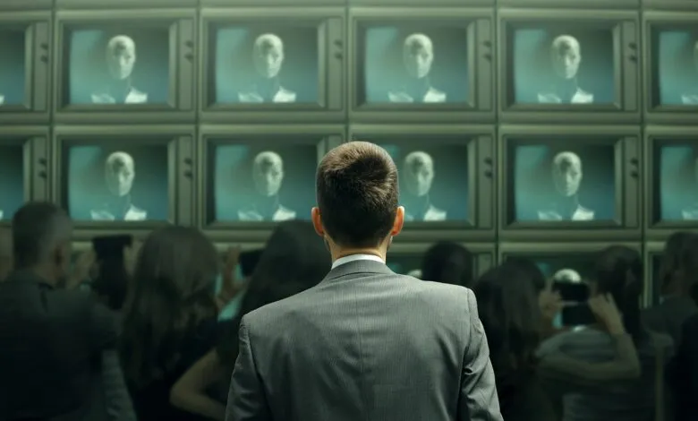 Man in suit facing a wall of vintage televisions displaying AI faces.