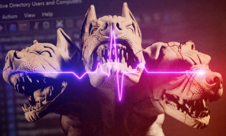 Three snarling dog heads, possibly Cerberus, with a vibrant pink and purple heartbeat graphic superimposed.