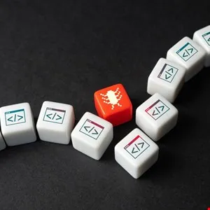 Red cube with bug icon among white cubes with code symbols, representing software vulnerability.