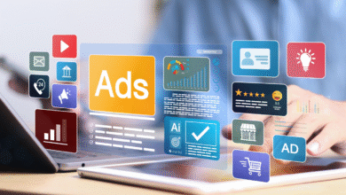 Person using tablet to manage AI-powered ads, showing marketing data, customer reviews, and various ad formats.
