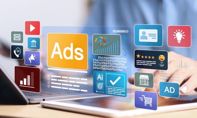 Person using tablet to manage AI-powered ads, showing marketing data, customer reviews, and various ad formats.