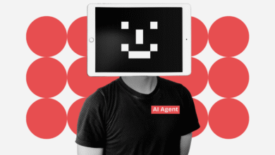 Person with tablet for a head, AI agent label, red circles background.