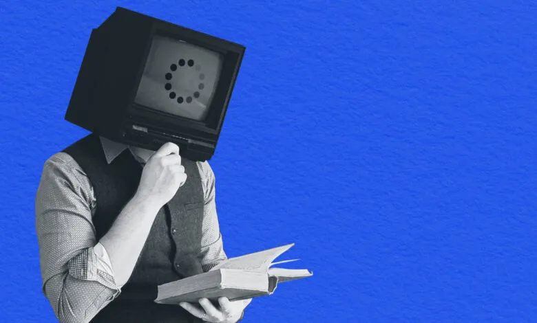 Person with a vintage television for a head, reading a book.