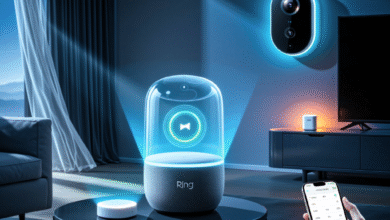 Ring smart home system: doorbell camera, smart speaker, and app control.