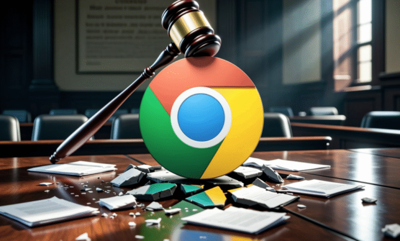Chrome logo shattered by a gavel in a courtroom, symbolizing legal trouble.