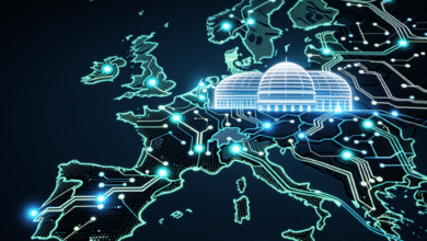 Digital map of Europe with circuit board overlay, highlighting a building, symbolizing digital infrastructure and connectivity.