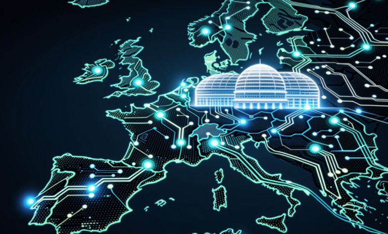 Digital map of Europe with circuit board overlay, highlighting a building, symbolizing digital infrastructure and connectivity.