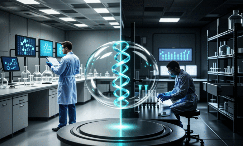 Two scientists in a modern lab examine data and samples, a glowing DNA helix floats between them.