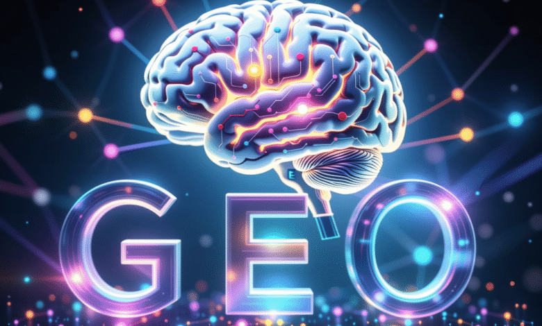 Glowing brain with circuit lines and the word 'GEO' in vibrant neon lights, representing AI and SEO.