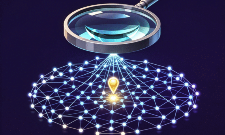 Magnifying glass focuses on a gold location pin within a glowing network, illustrating data analysis or location tracking.