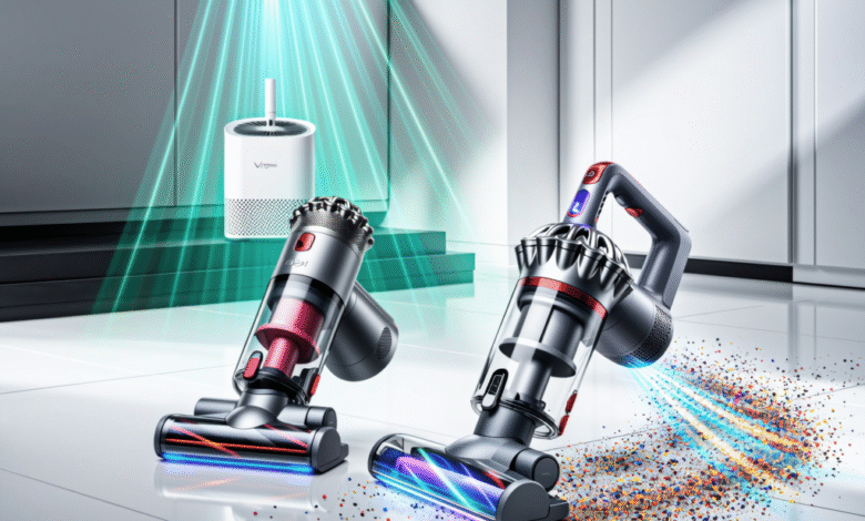 Two Dyson cordless vacuums cleaning colorful debris on a floor, with an air purifier in the background.