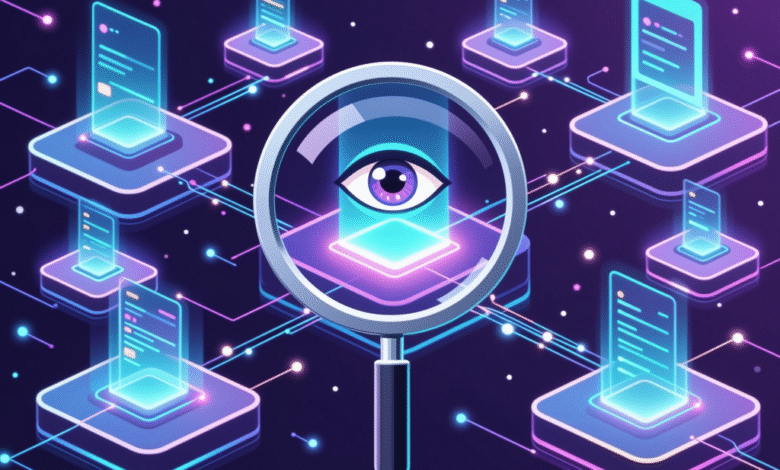 Magnifying glass reveals a digital eye examining interconnected data blocks, symbolizing data privacy and security.