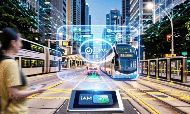 Smart city transportation: A futuristic bus travels through a city street, overlaid with a digital interface showing real-time data.